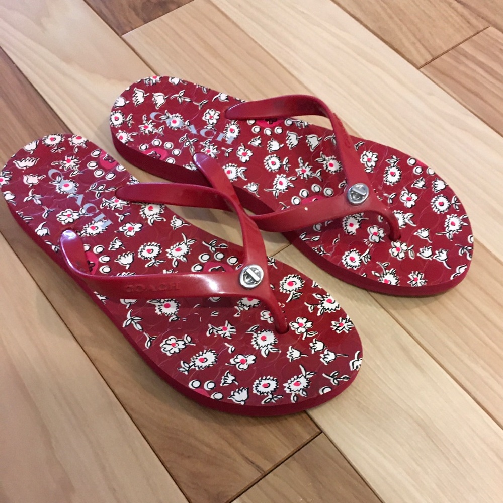 Coach Women Red Floral Flip Flops Size 7-8 - Picture 1 of 4